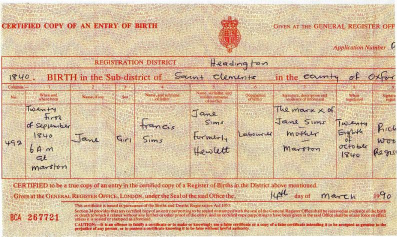 Jane Sims 1840 Birth Certificate